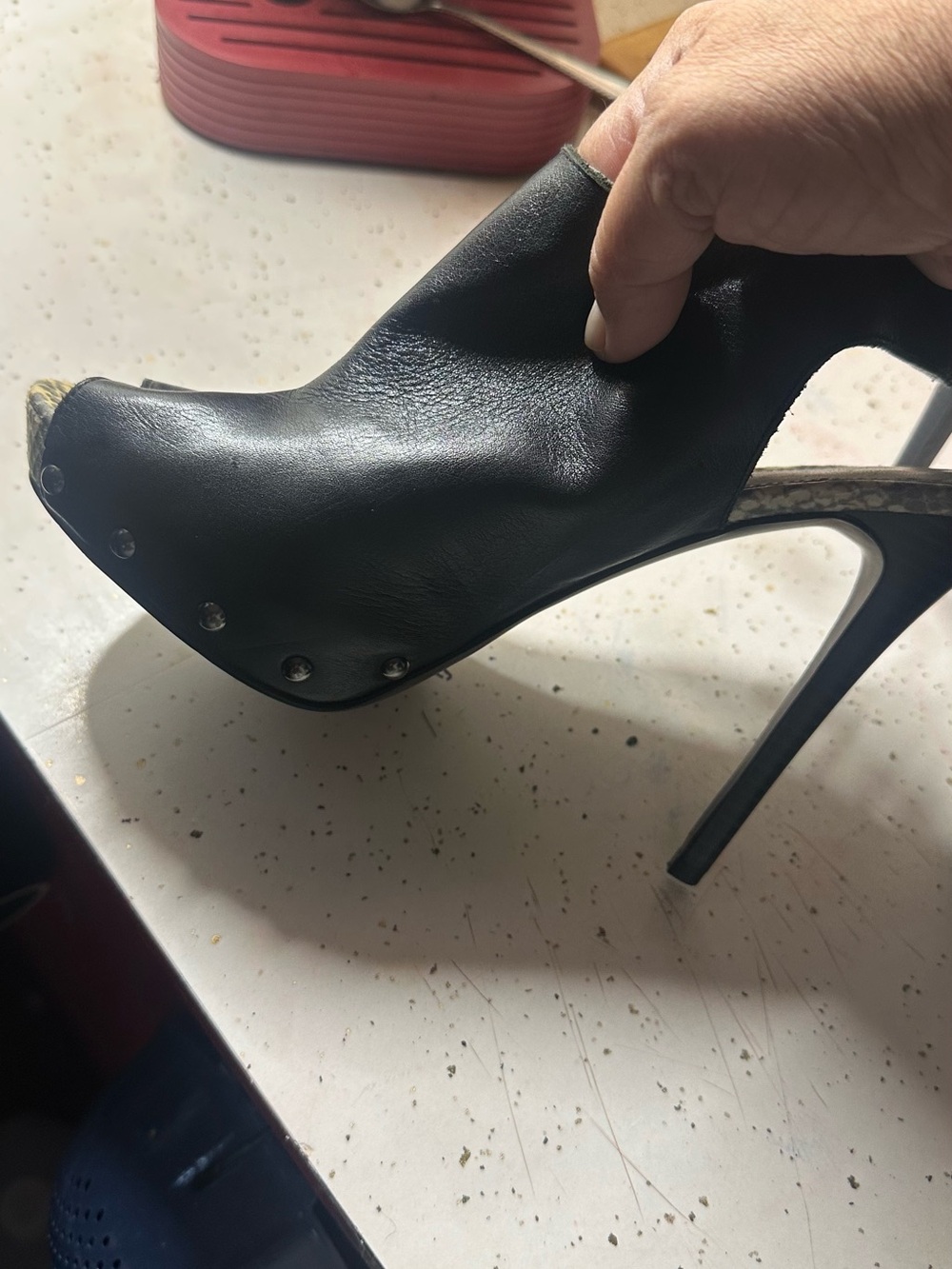 Sam Edelman Black Leather Peep-Toe Stiletto with Stud Details